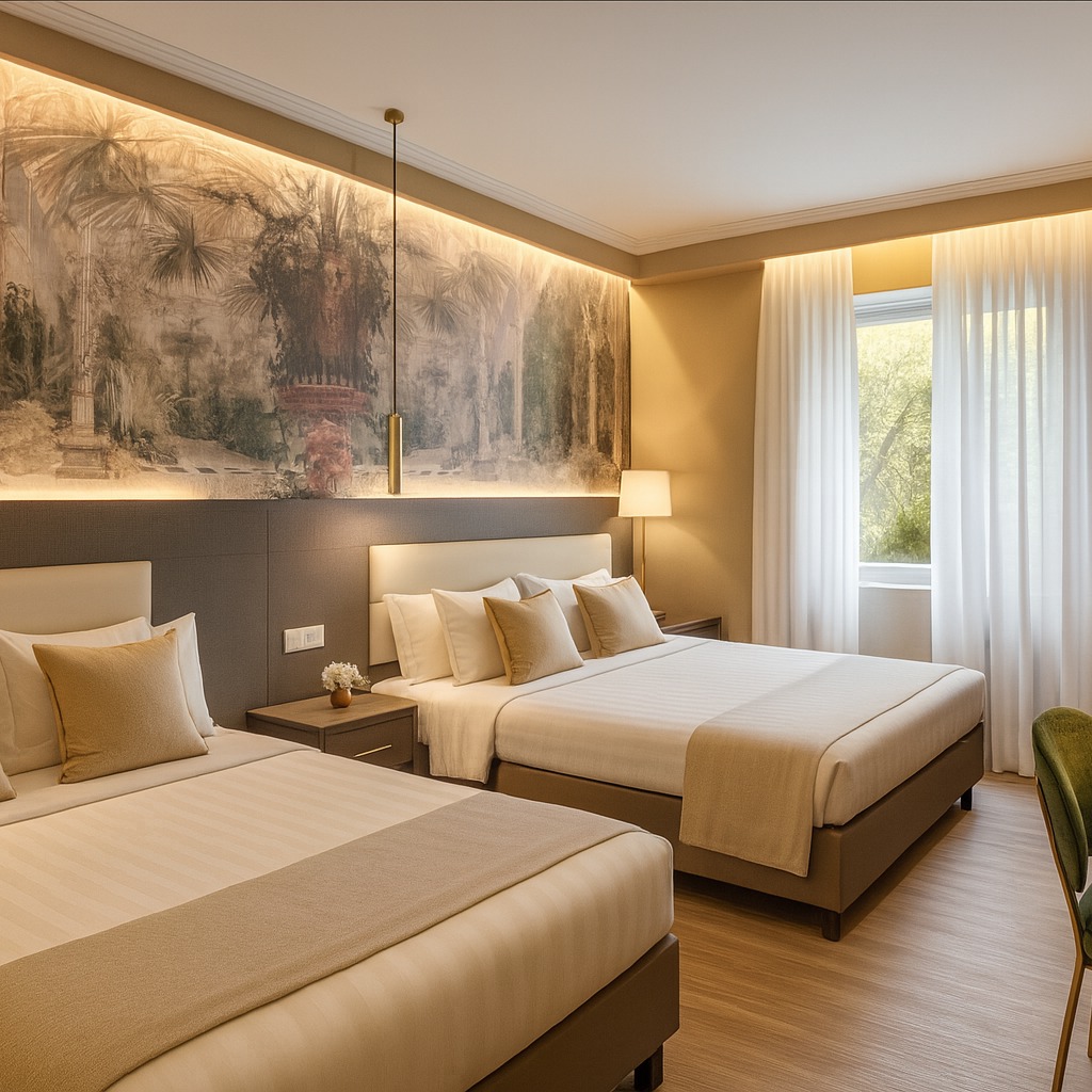 Un progetto firmato dal mio Atelier per un Hotel a Roma: camere doppie pensate come spazi avvolgenti, equilibrati, luminosi.
La carta da parati illuminata dall'alto e dal basso fa da quinta scenografica a una palette di tessuti naturali, ottone satinato legni caldi e tendaggi di lino.
Ogni dettaglio è stato curato per evocare silenzio, armonia e accoglienza.